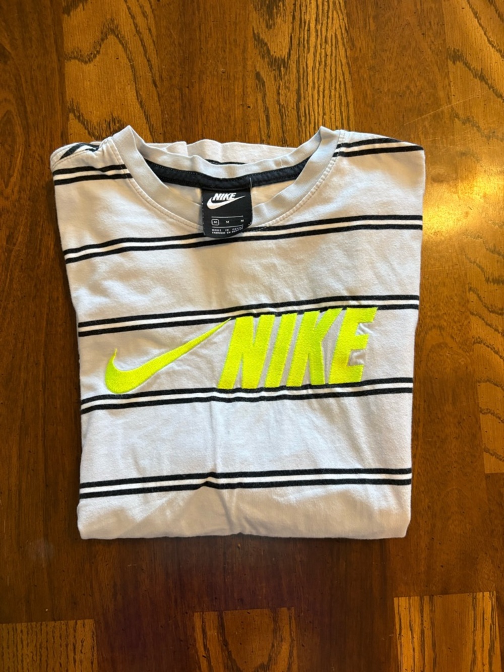 Nike White Short Sleeve Tee with Black Stripes and Neon Yellow Logo